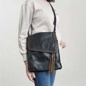 Ili New York Genuine Black Leather Asymmetrical Shoulder Or Crossbody Bag